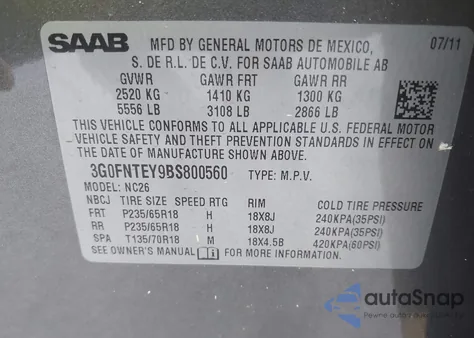 2011 Saab 9-4X 3.0I Premium из США, поврежденный, VIN 3G0FNTEY9BS800560